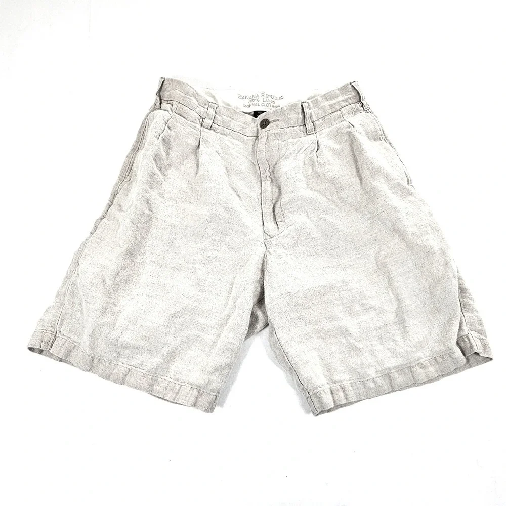 Banana Republic Mens 30 Oatmeal Pleated 100% Linen Shorts Beige Summer Casual